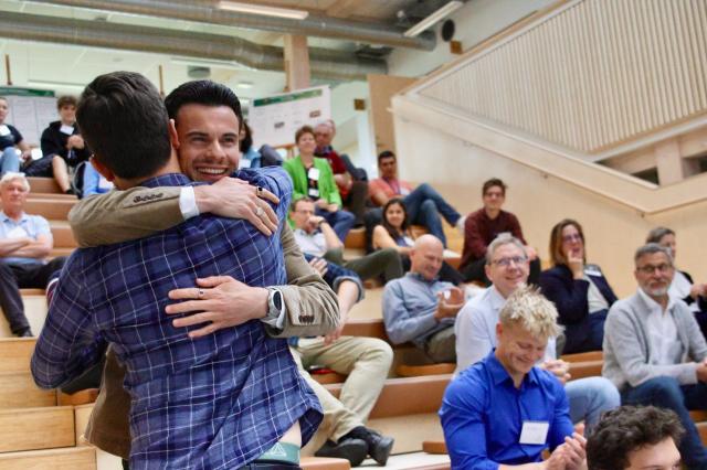 Martin hugs his Industry Supervisor Nikolaj Hansen